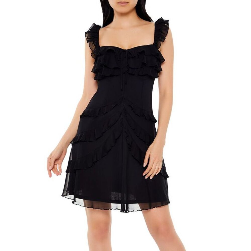 Forever 21 Black Ruffle Tiered Bow Mini Dress NEW NWT